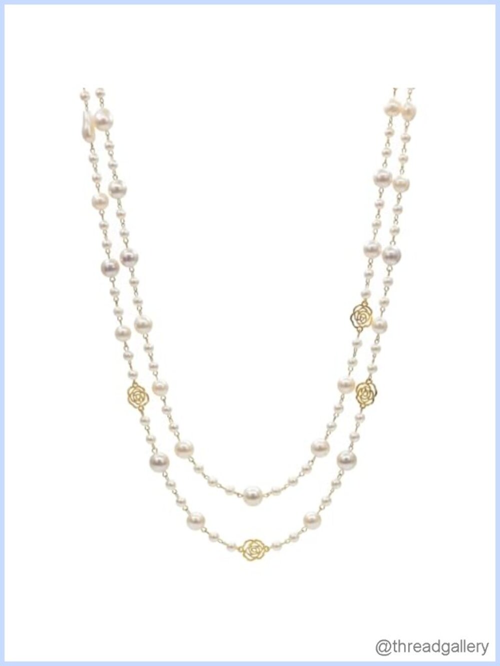 Long Faux Pearl Layered Station Necklace Gold Tone Double Strand Women